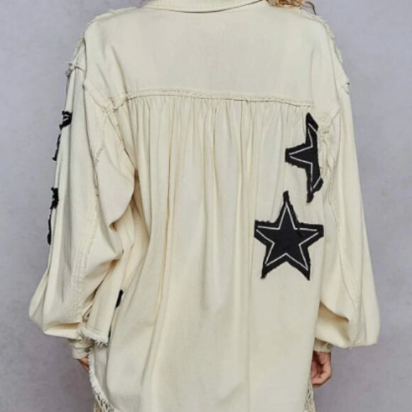 POL Star Patch Raw Hem Button Up Chest Pockets Oversized Denim Jacket Cream - Picture 3 of 4